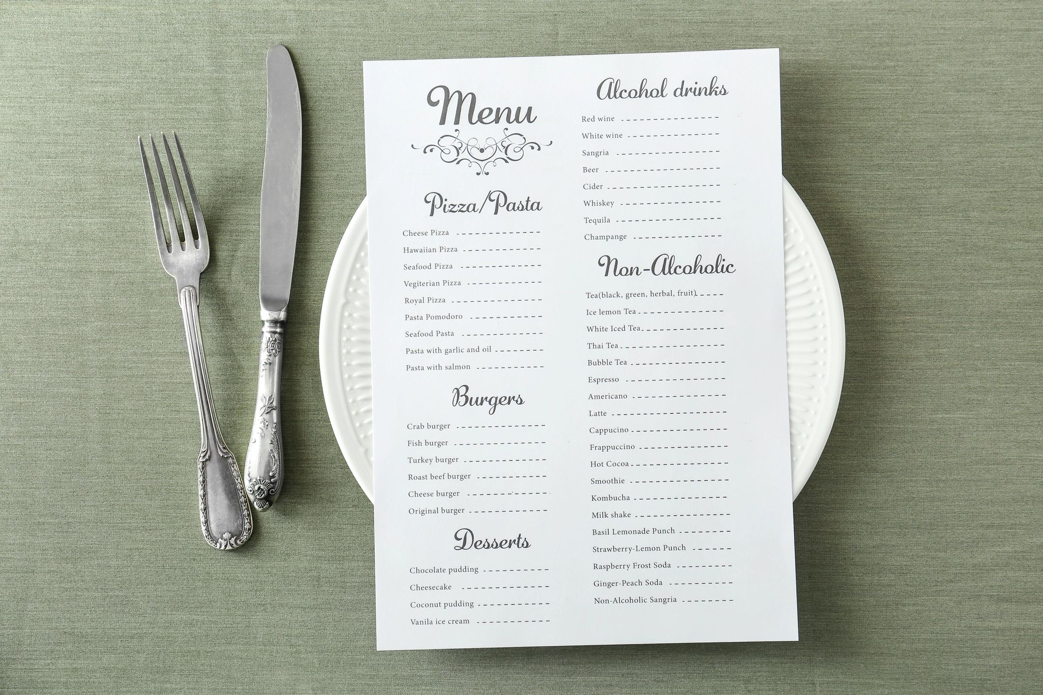 Sample restaurant menu